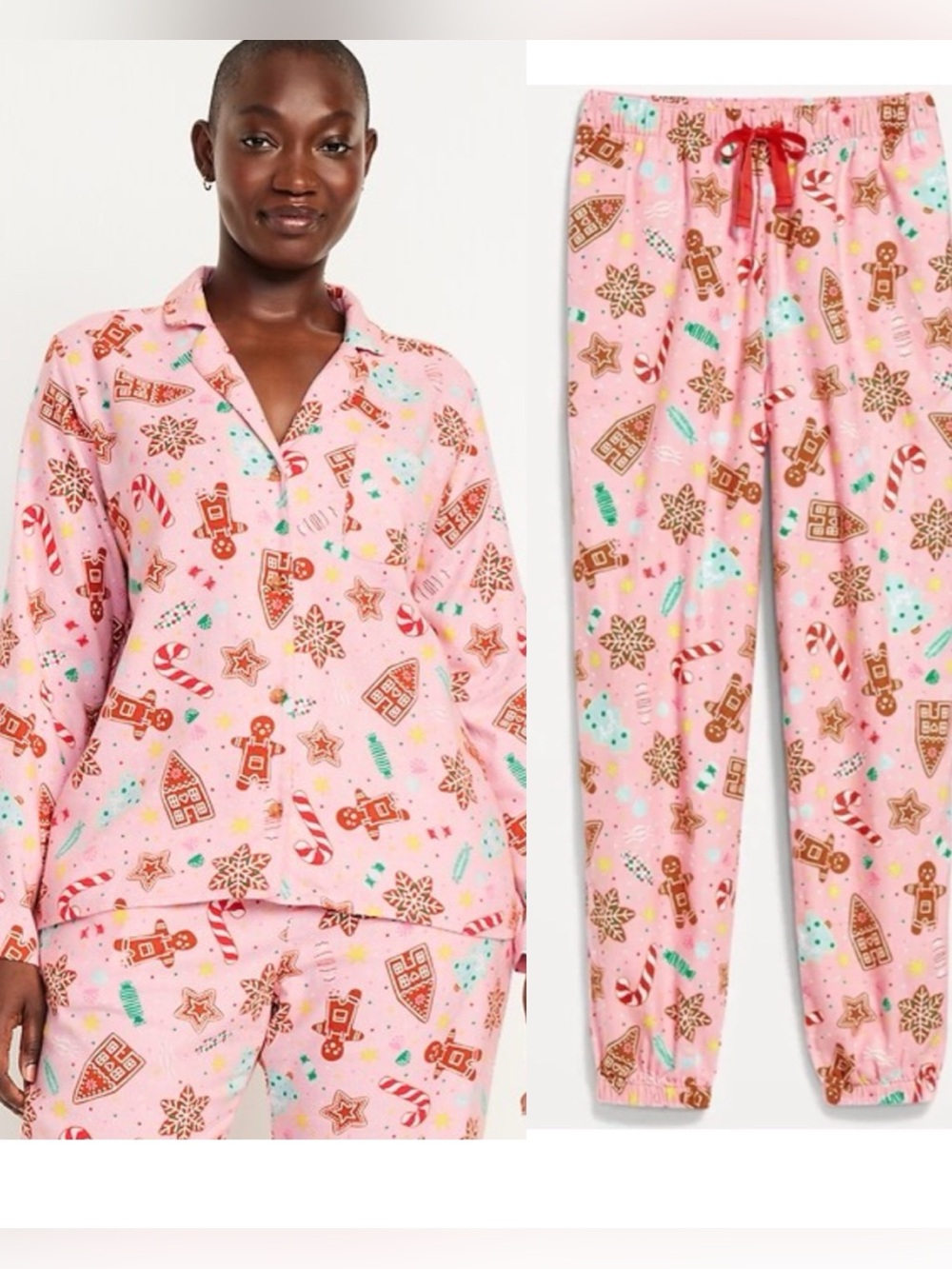 Old Navy Flannel Women Holiday Candied Ginger Cookies Pink 2pc Pajama Set Small